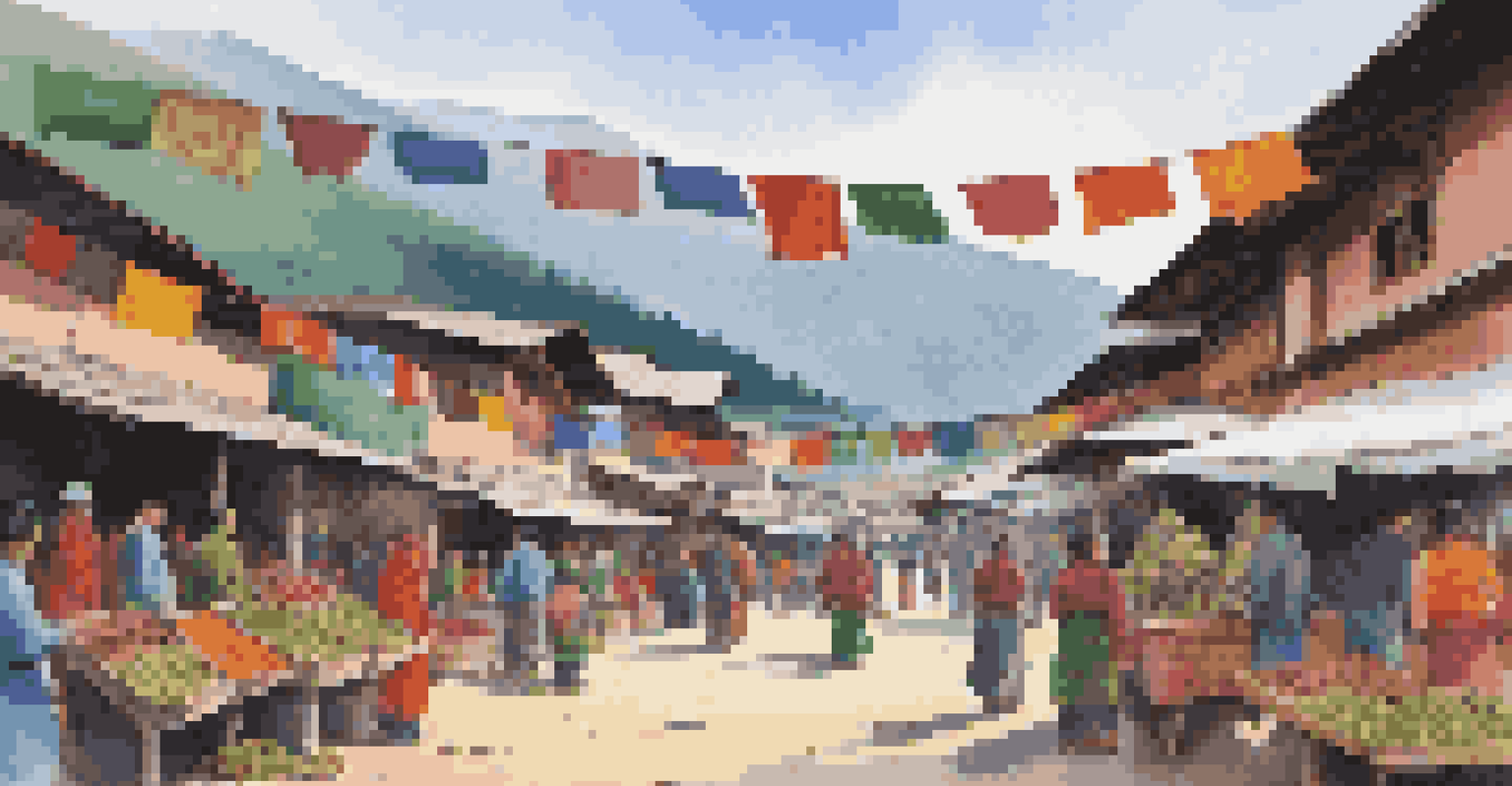 A lively local market in Bhutan with colorful stalls selling fresh produce and handmade crafts, set against a mountainous backdrop.