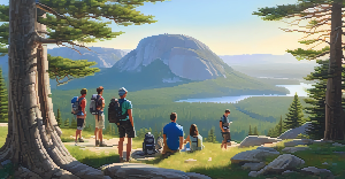 Hikers in a national park discussing their communication plan with a portable charger and satellite phone visible, surrounded by lush greenery and bright sunlight.