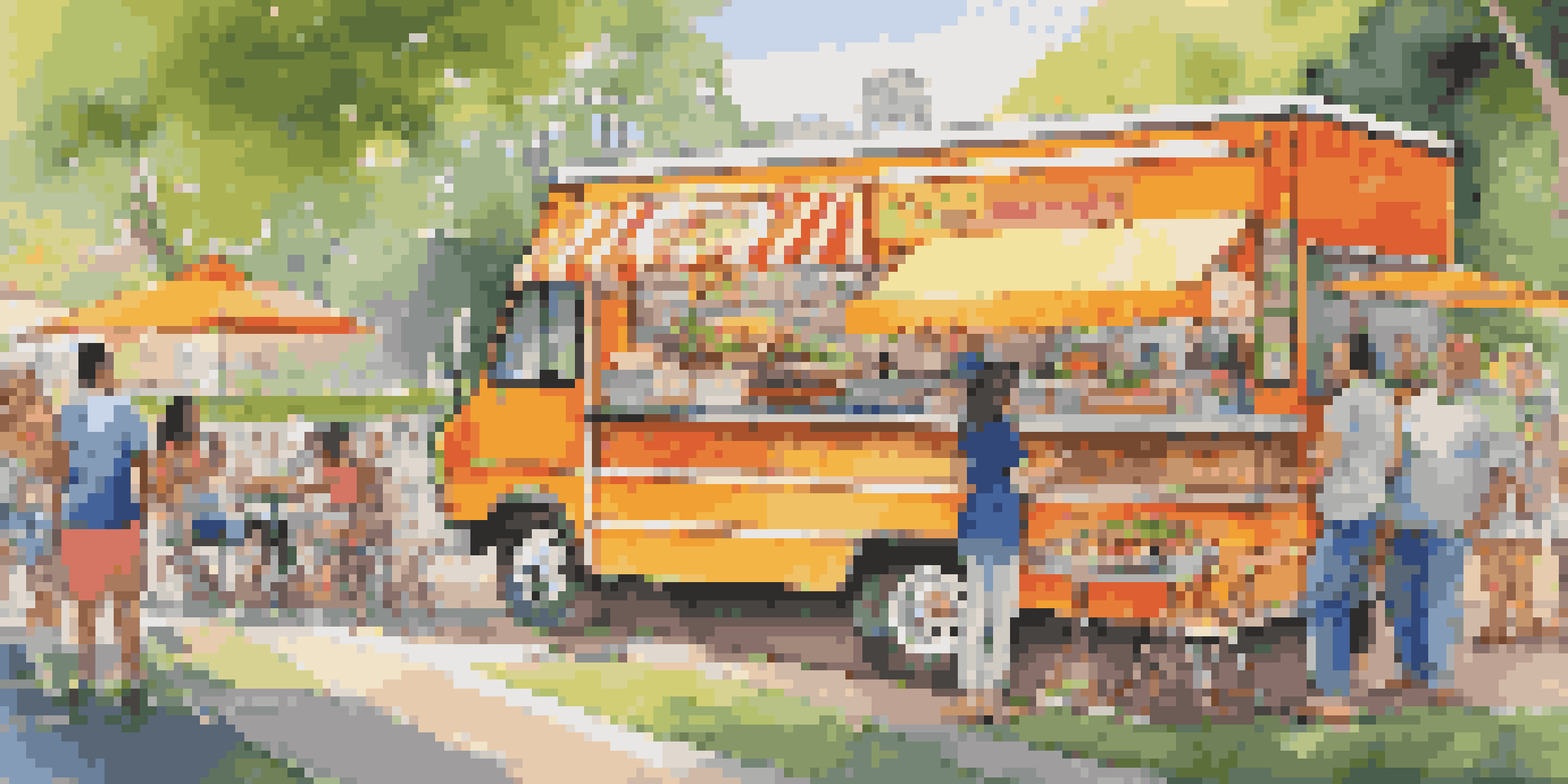 A colorful food truck in a park with people enjoying various meals in a sunny setting.