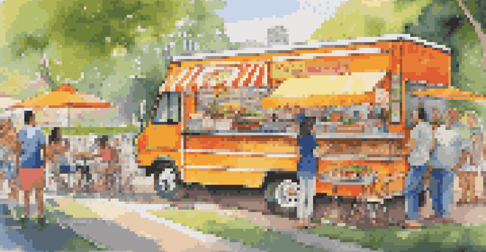 A colorful food truck in a park with people enjoying various meals in a sunny setting.