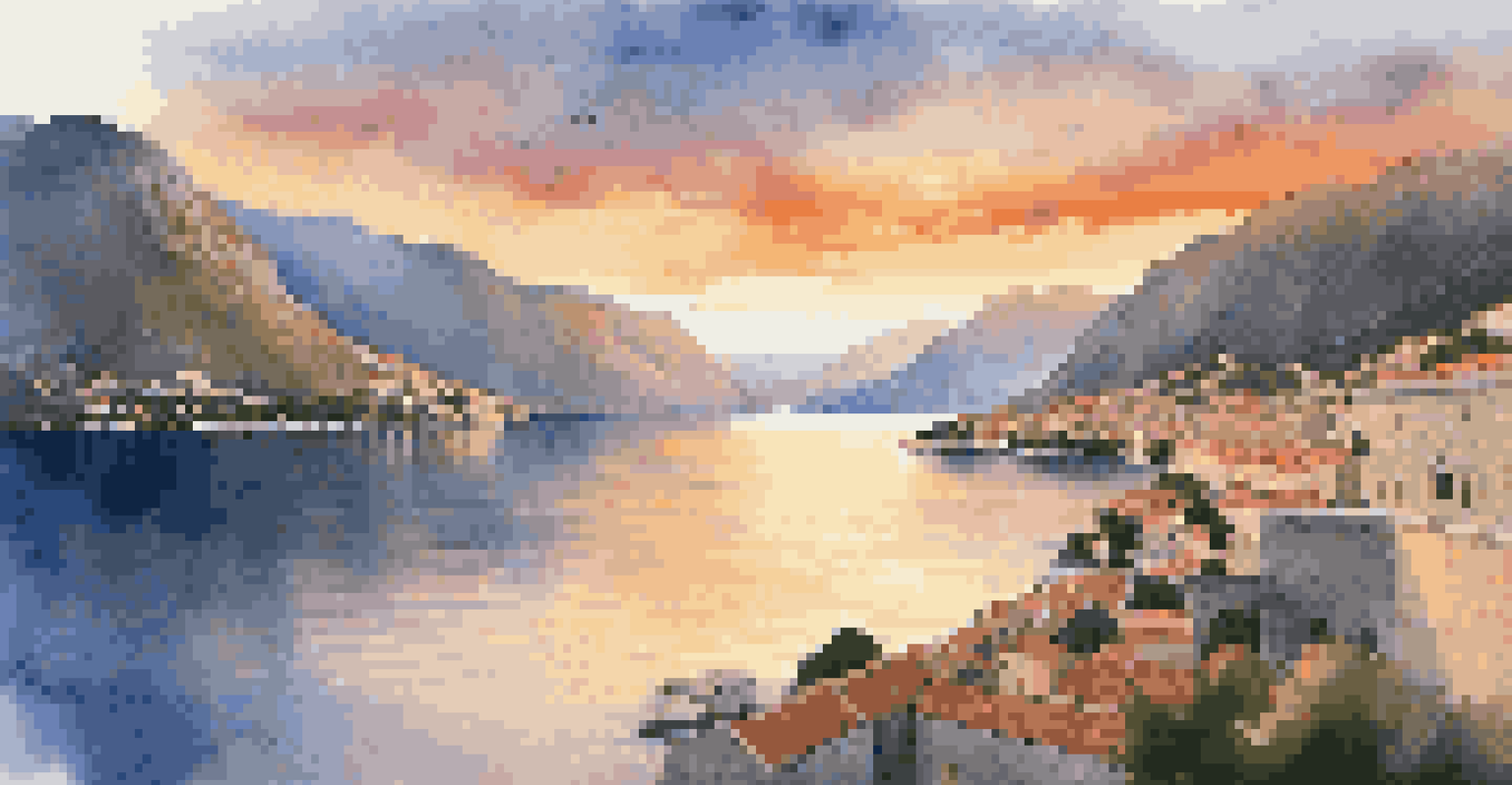 Sunset over the Bay of Kotor, Montenegro, featuring mountains and the medieval old town with warm golden light reflecting on the water.
