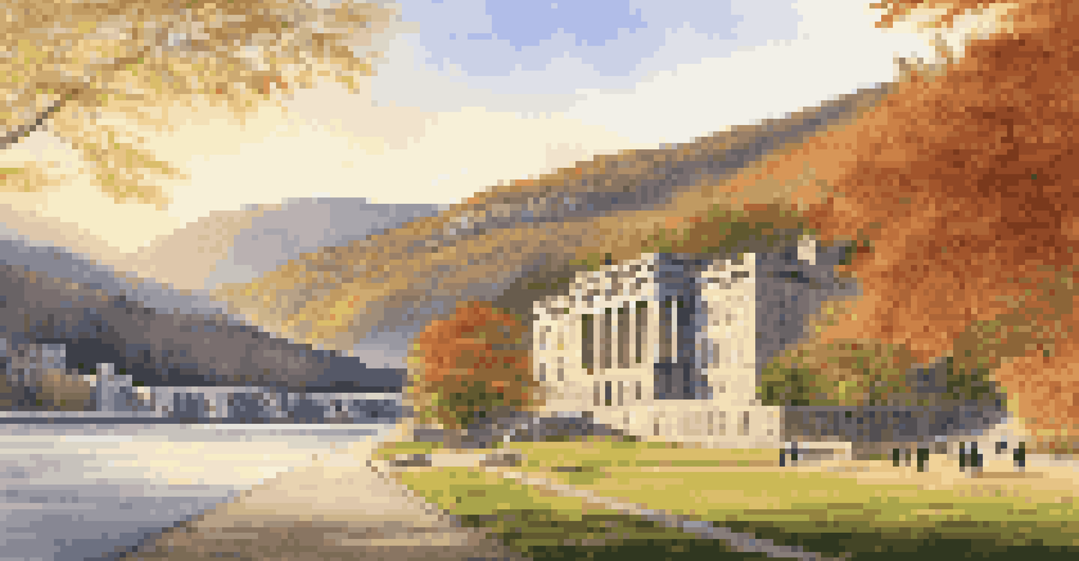 A historic military academy on the banks of the Hudson River with cadets walking in the golden hour light.