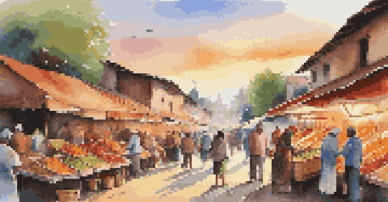 A lively local market filled with fresh produce and handmade crafts, with people interacting under a sunset glow.