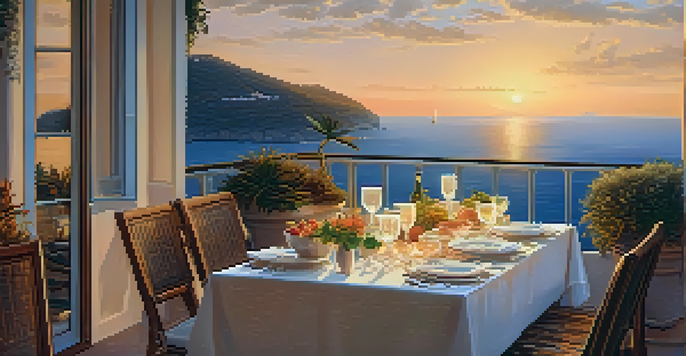 A romantic dining setup on a balcony with ocean view at sunset.
