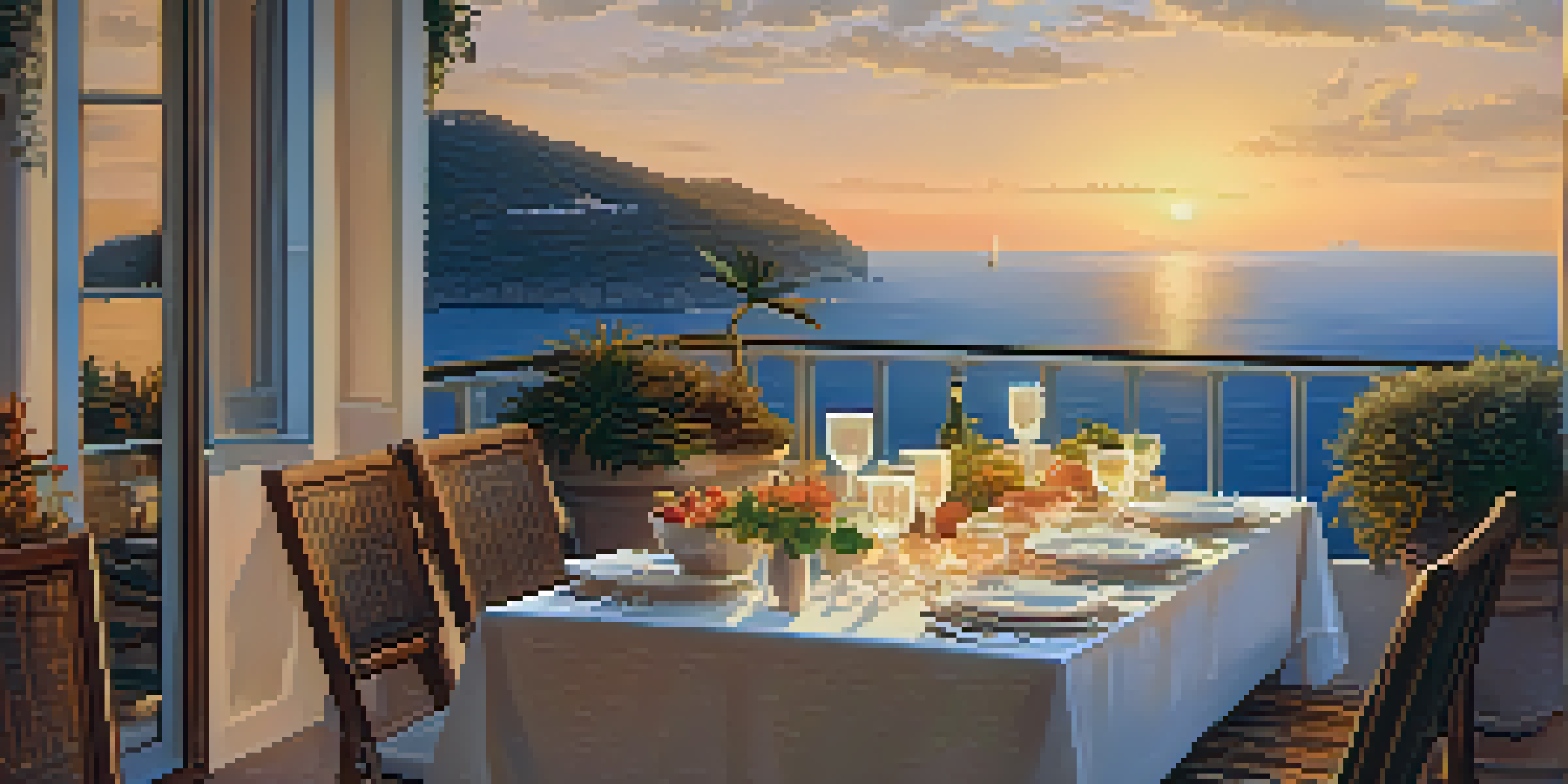 A romantic dining setup on a balcony with ocean view at sunset.