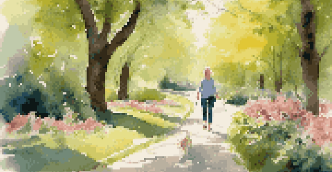 A dog and its owner walking on a path in a park filled with blooming flowers and trees, with sunlight filtering through the leaves.