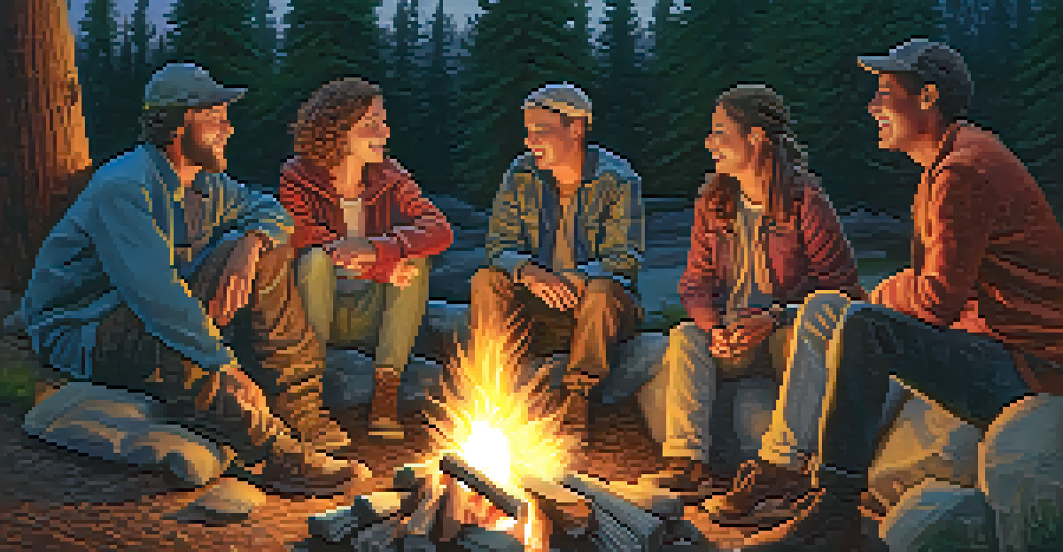 A group of van lifers around a campfire at dusk, with a forest backdrop and twinkling stars above.