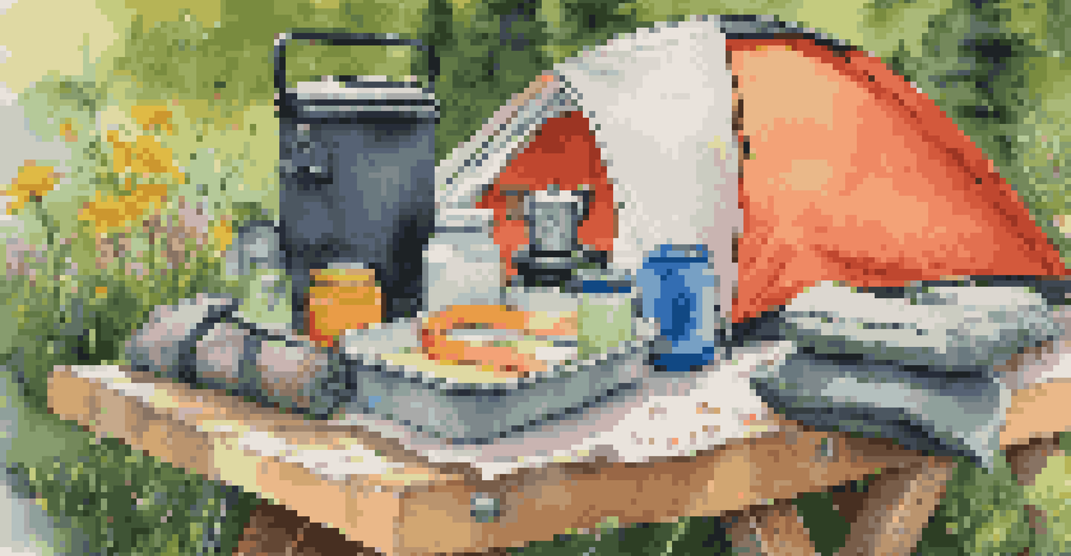 A detailed view of camping gear including a tent, sleeping bag, and cooking stove in a forest setting.