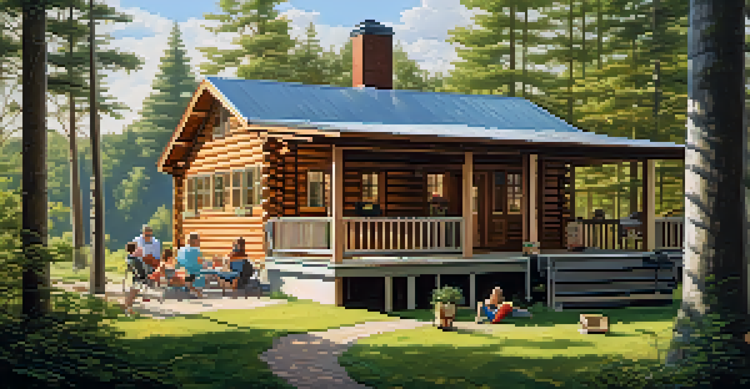 A family enjoying a picnic outside their cozy vacation home in nature.