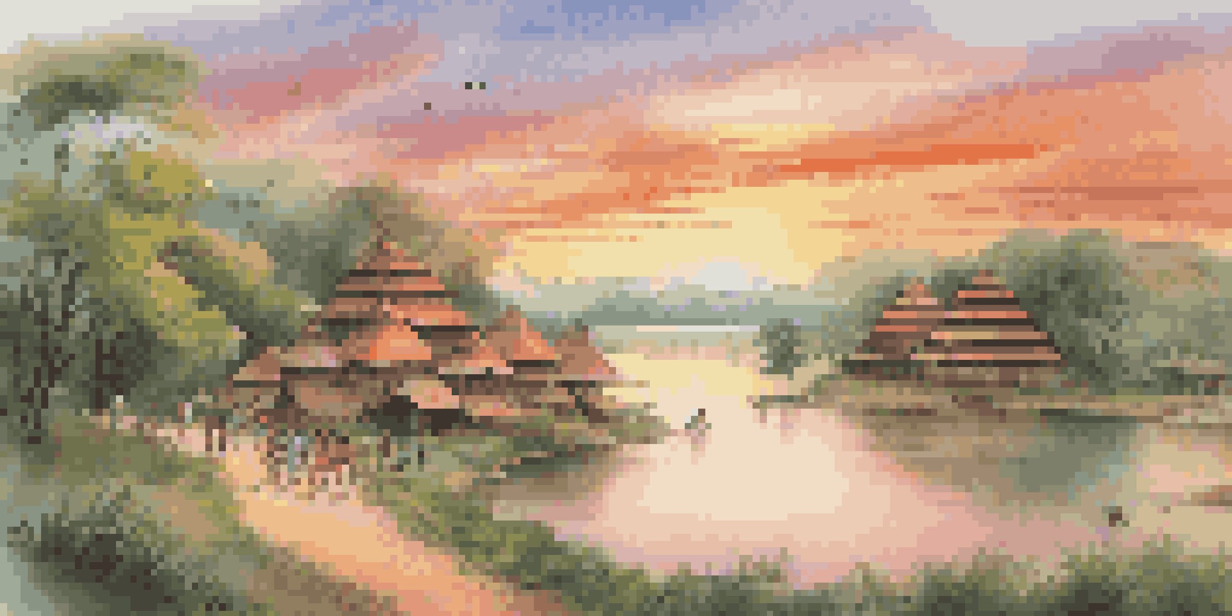 A peaceful landscape with an Indigenous cultural site at sunset, travelers observing the site, surrounded by greenery and water.