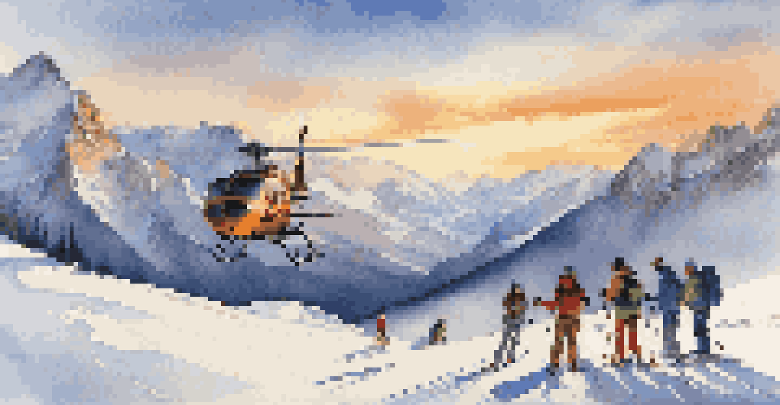 Skiers near a helicopter on a snowy mountain top during sunset, with mountains in the background.