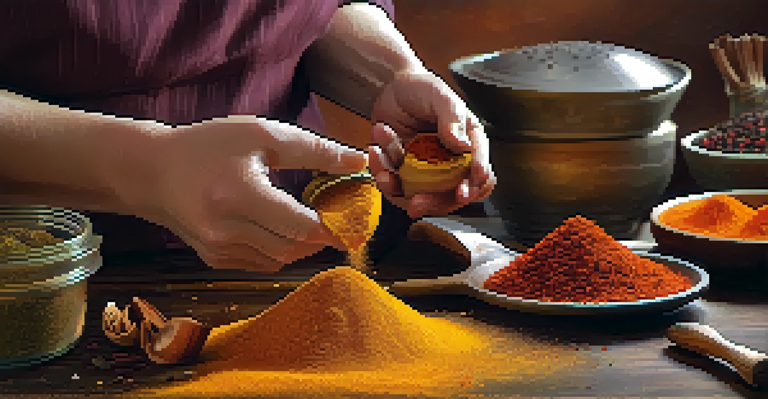 A close-up of a chef mixing various spices in a bowl, with a blurred kitchen background and warm lighting.