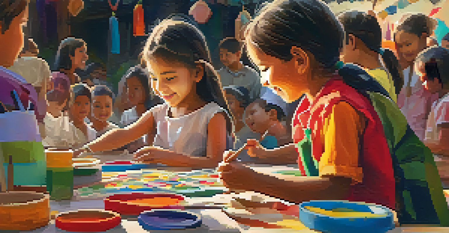 Children happily participating in a craft workshop at a local festival, surrounded by colorful materials and smiling parents.
