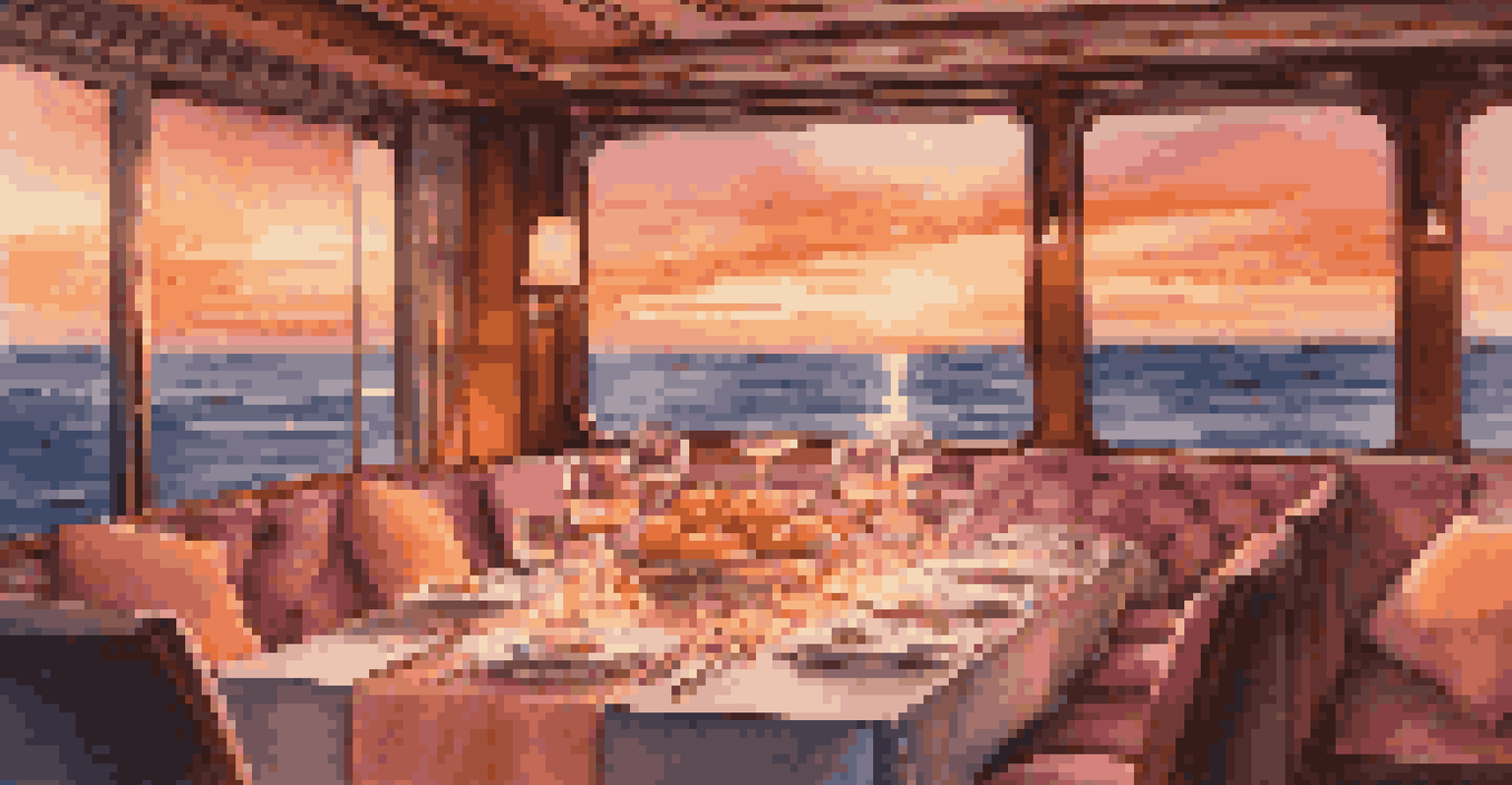 A dining setup on a luxury yacht deck at sunset with elegant lighting and a gourmet meal.