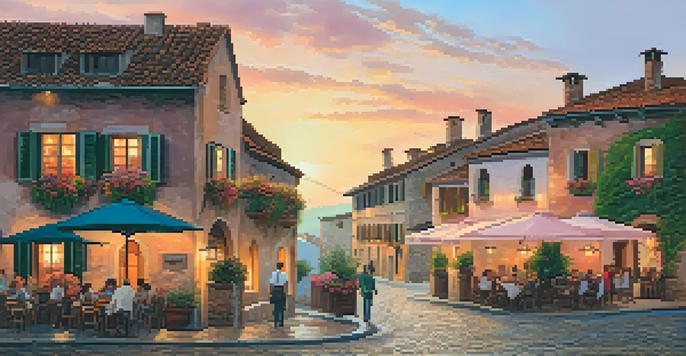 A peaceful Italian village at sunset with stone buildings and outdoor café filled with patrons.