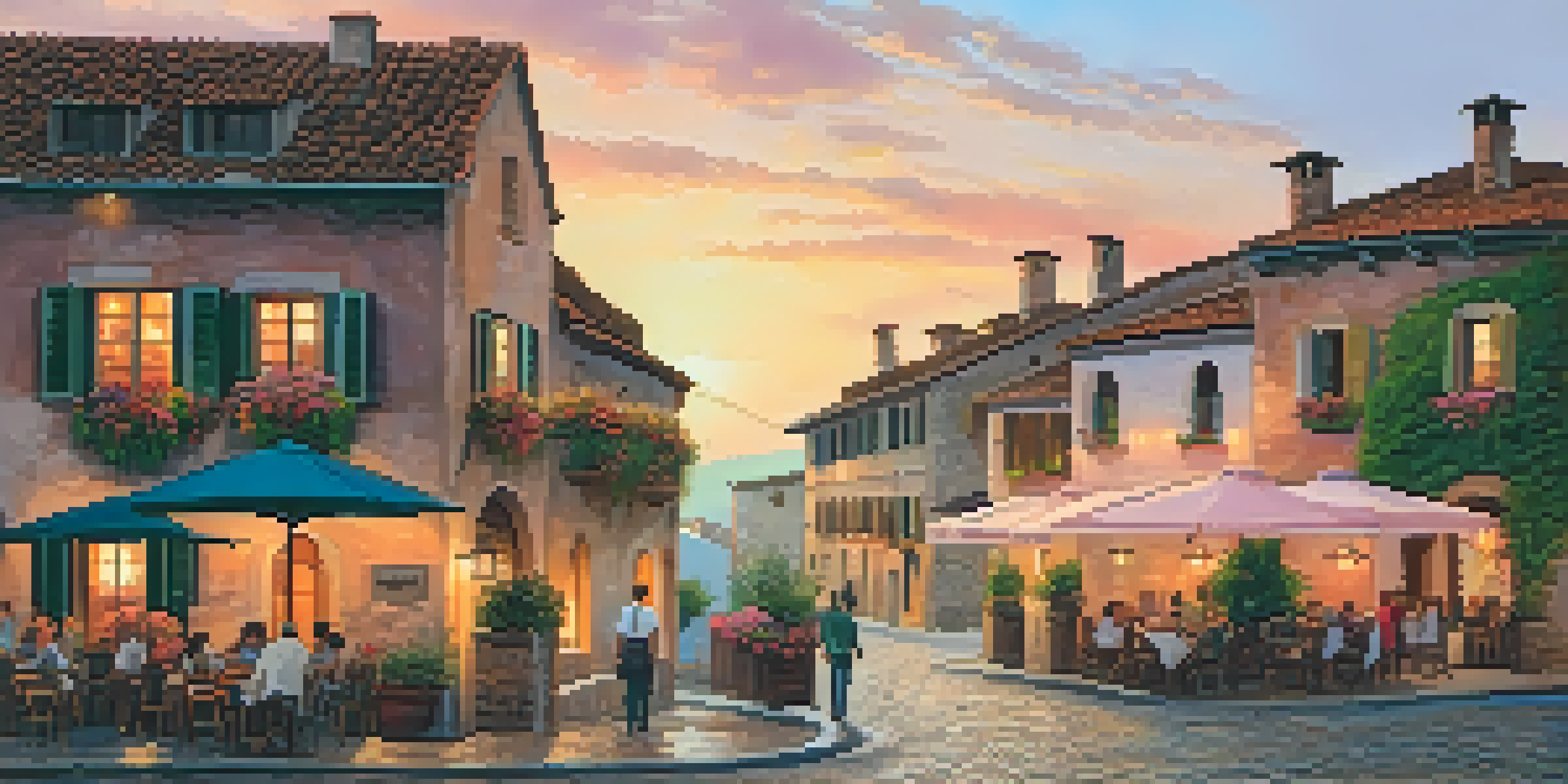 A peaceful Italian village at sunset with stone buildings and outdoor café filled with patrons.