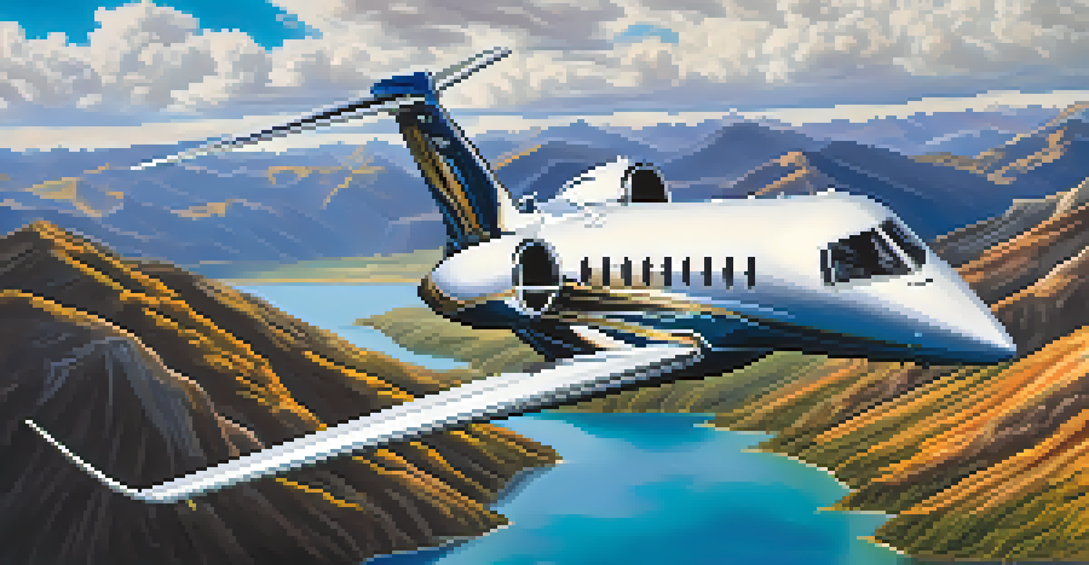 An aerial view of a private jet flying over mountains and rivers with a clear blue sky and clouds.