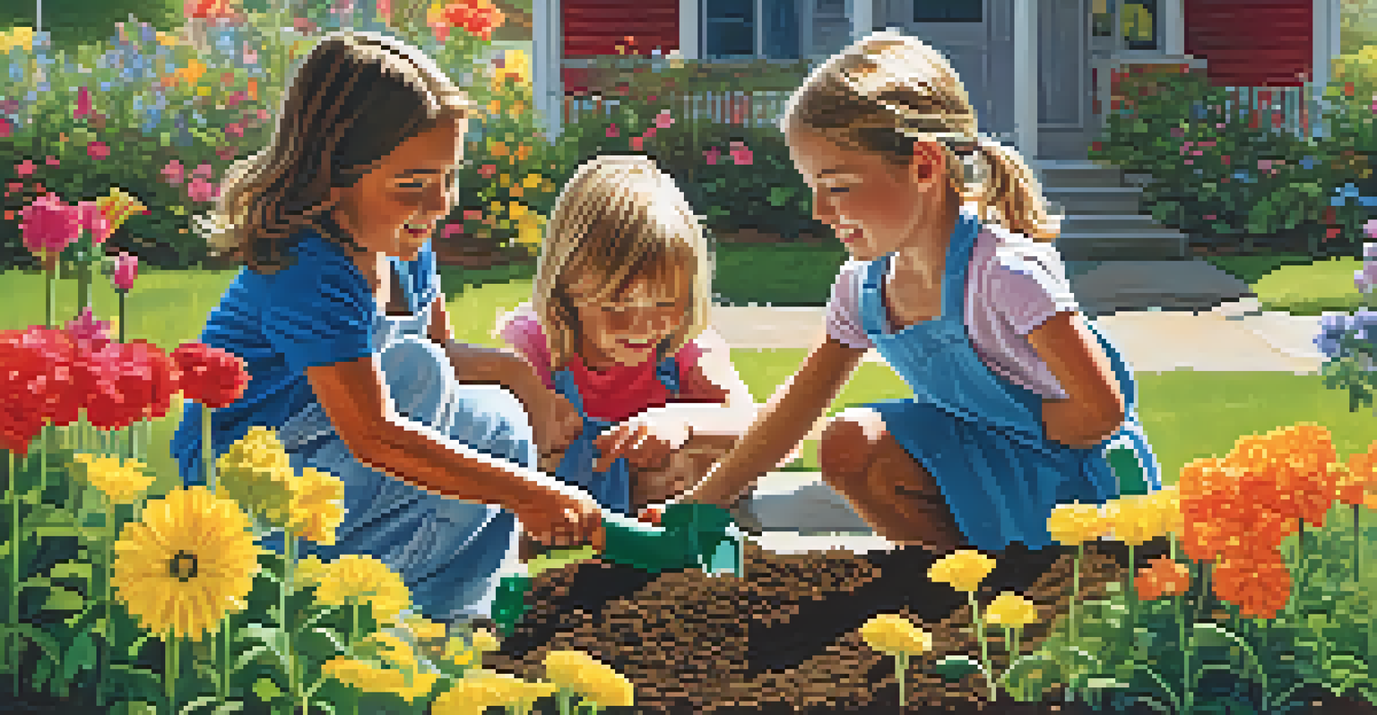 Children planting flowers in a garden, smiling and getting their hands dirty with sunlight shining down.