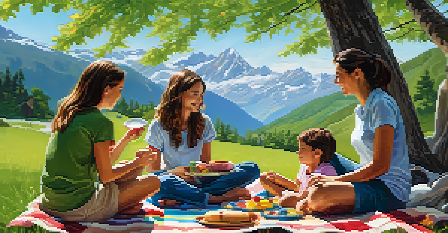 A family having a picnic on a blanket in a national park, with mountains and greenery in the background.