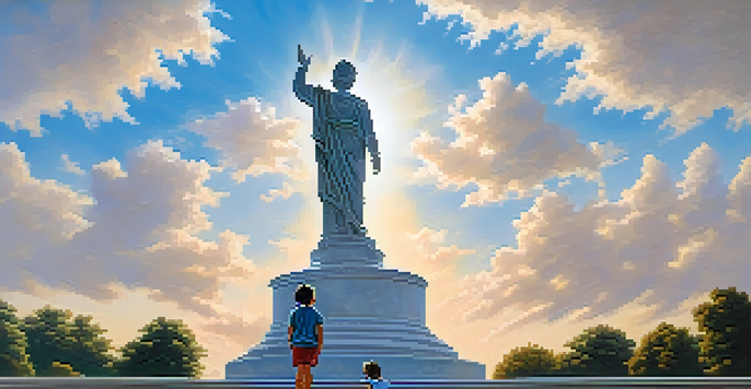 A child looking up in awe at a large statue on a sunny day, with blue sky and clouds overhead.