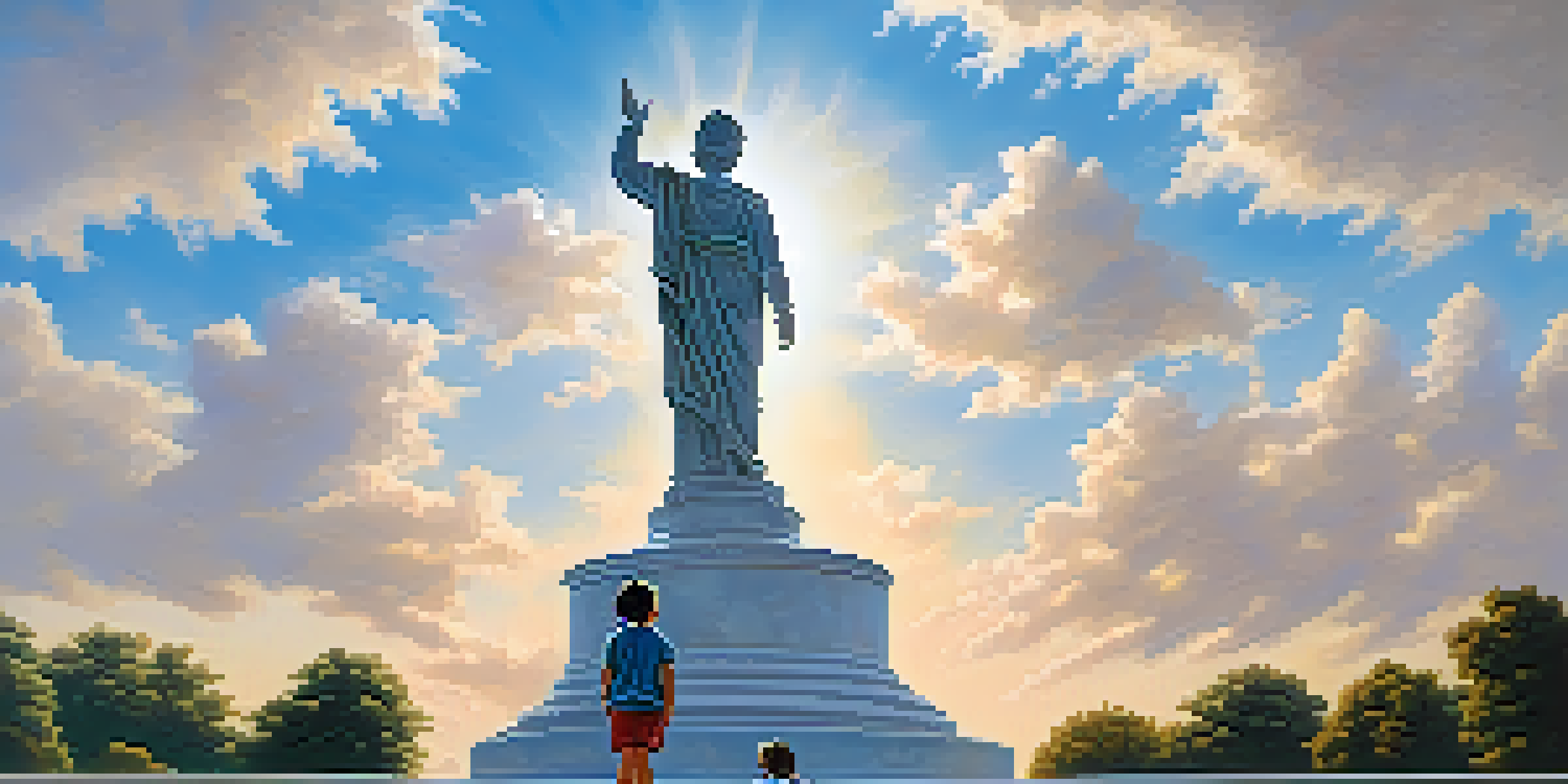A child looking up in awe at a large statue on a sunny day, with blue sky and clouds overhead.