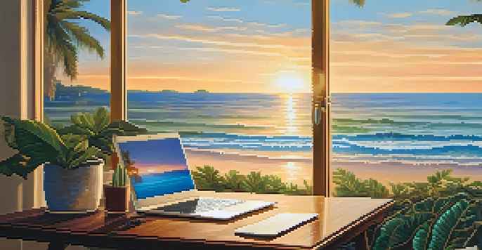 A cozy beachside workspace featuring a laptop on a wooden table with tropical plants and a sunset ocean view.