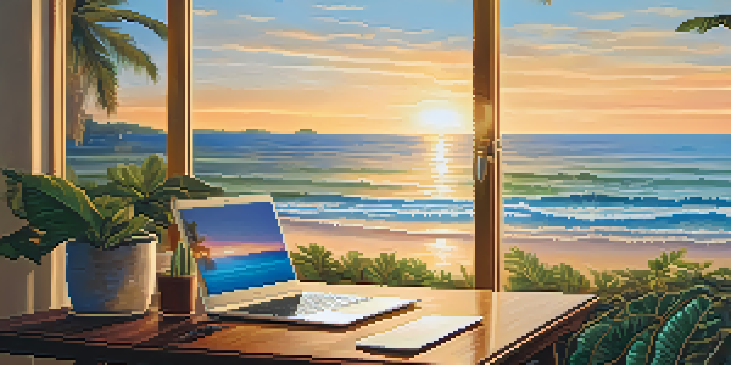 A cozy beachside workspace featuring a laptop on a wooden table with tropical plants and a sunset ocean view.