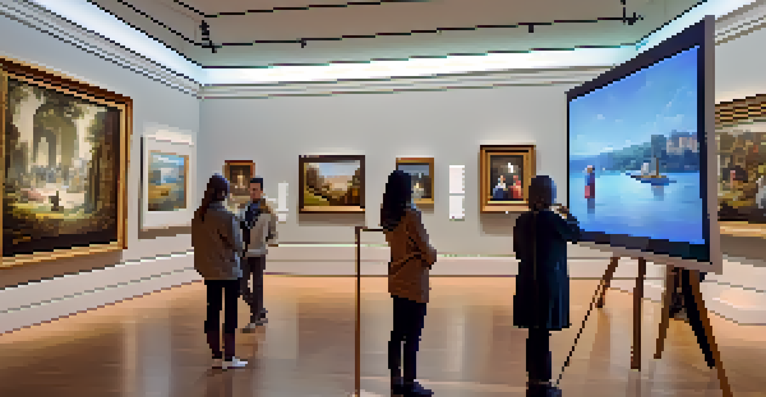 Visitors at a museum interacting with an art exhibit through augmented reality, with a holographic artist explaining the painting to a captivated audience.