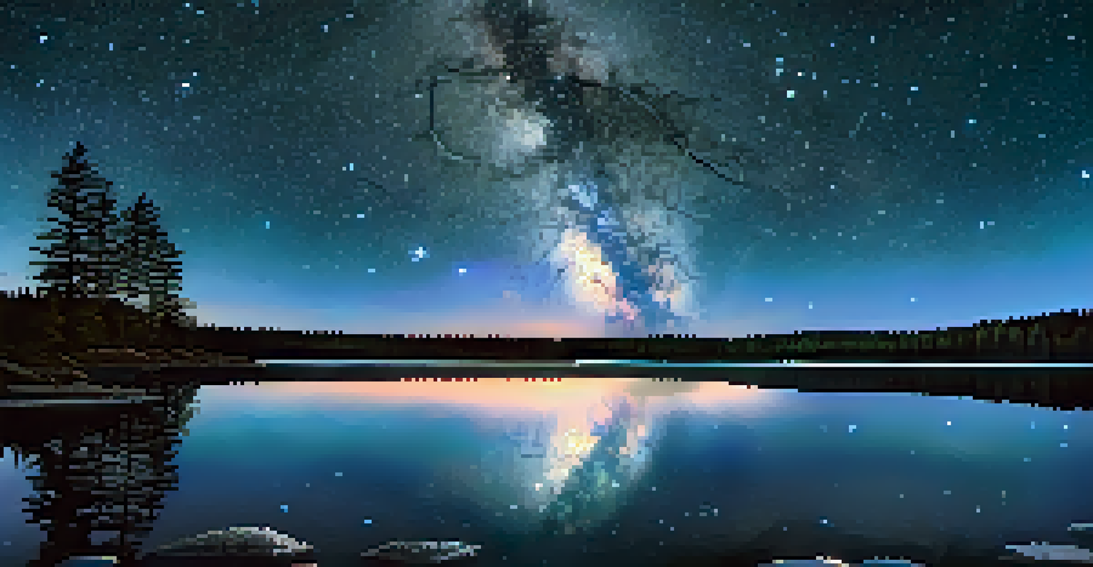 A breathtaking astrophotography shot of the night sky with stars reflected in a tranquil lake, framed by trees.
