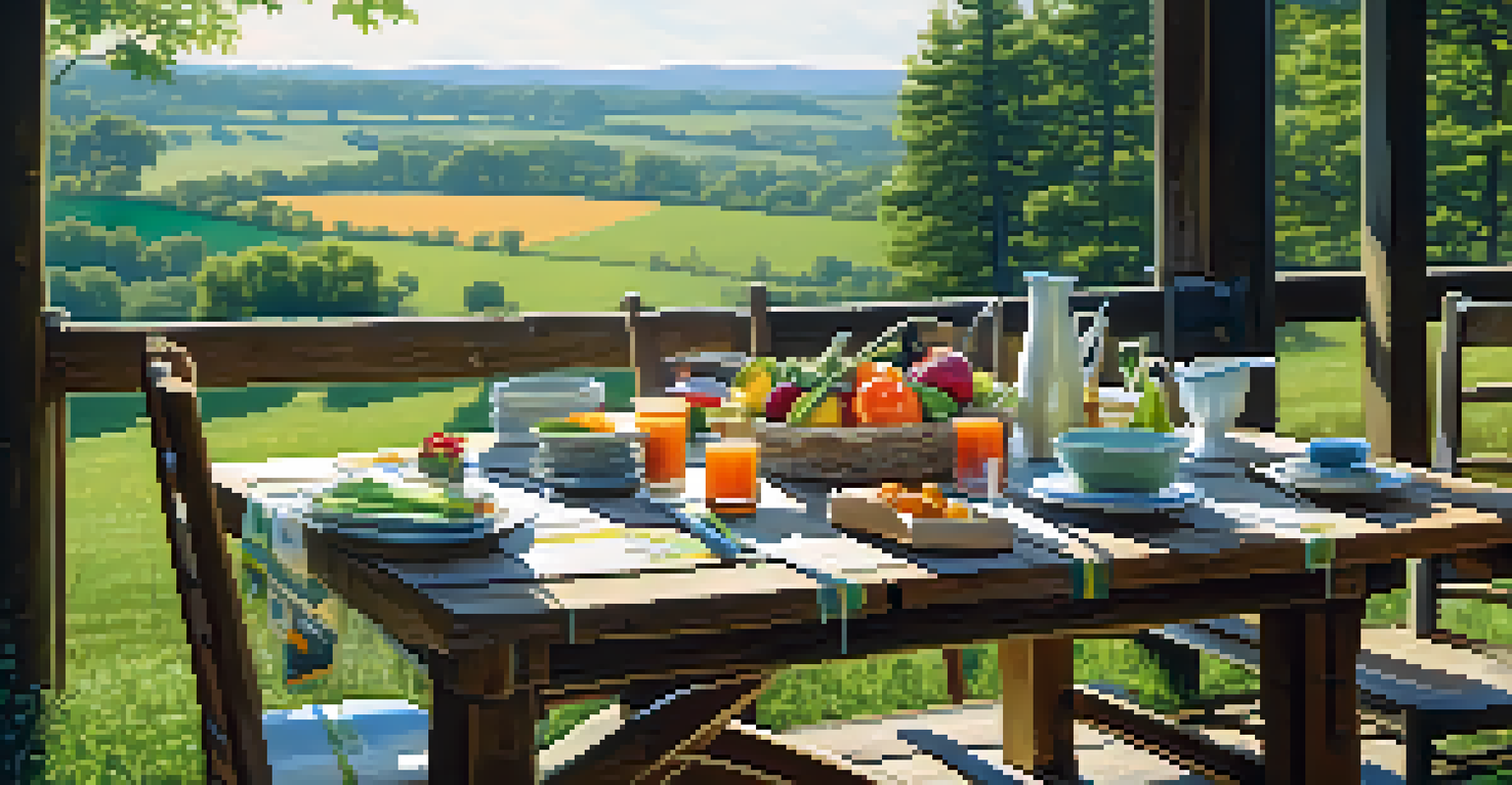 A rustic outdoor dining setup with a long wooden table filled with colorful organic dishes, surrounded by a picturesque countryside.