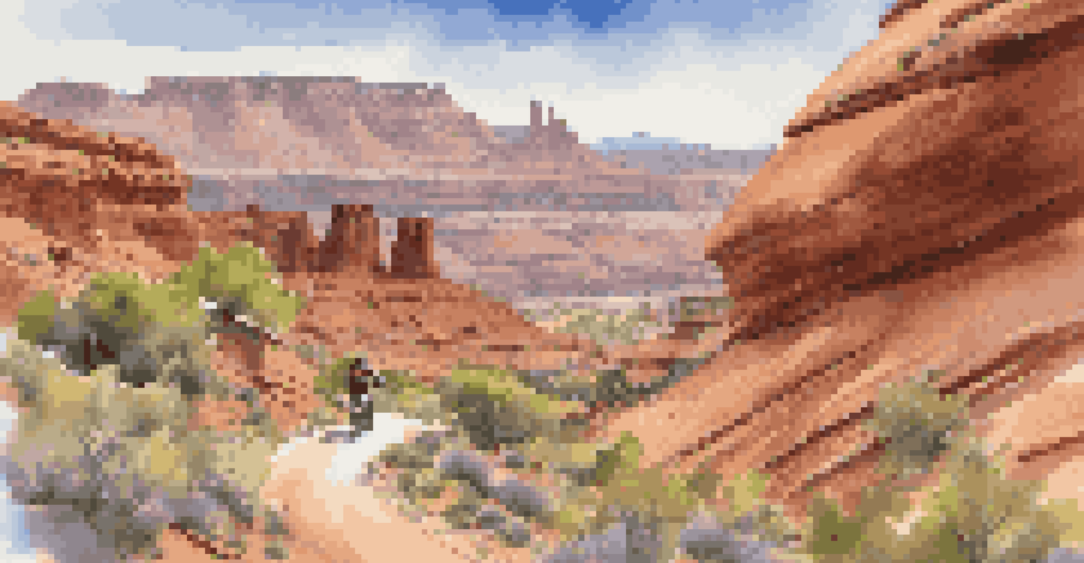 A mountain biker navigating a trail in Moab's Canyonlands, surrounded by red rock formations and desert plants.