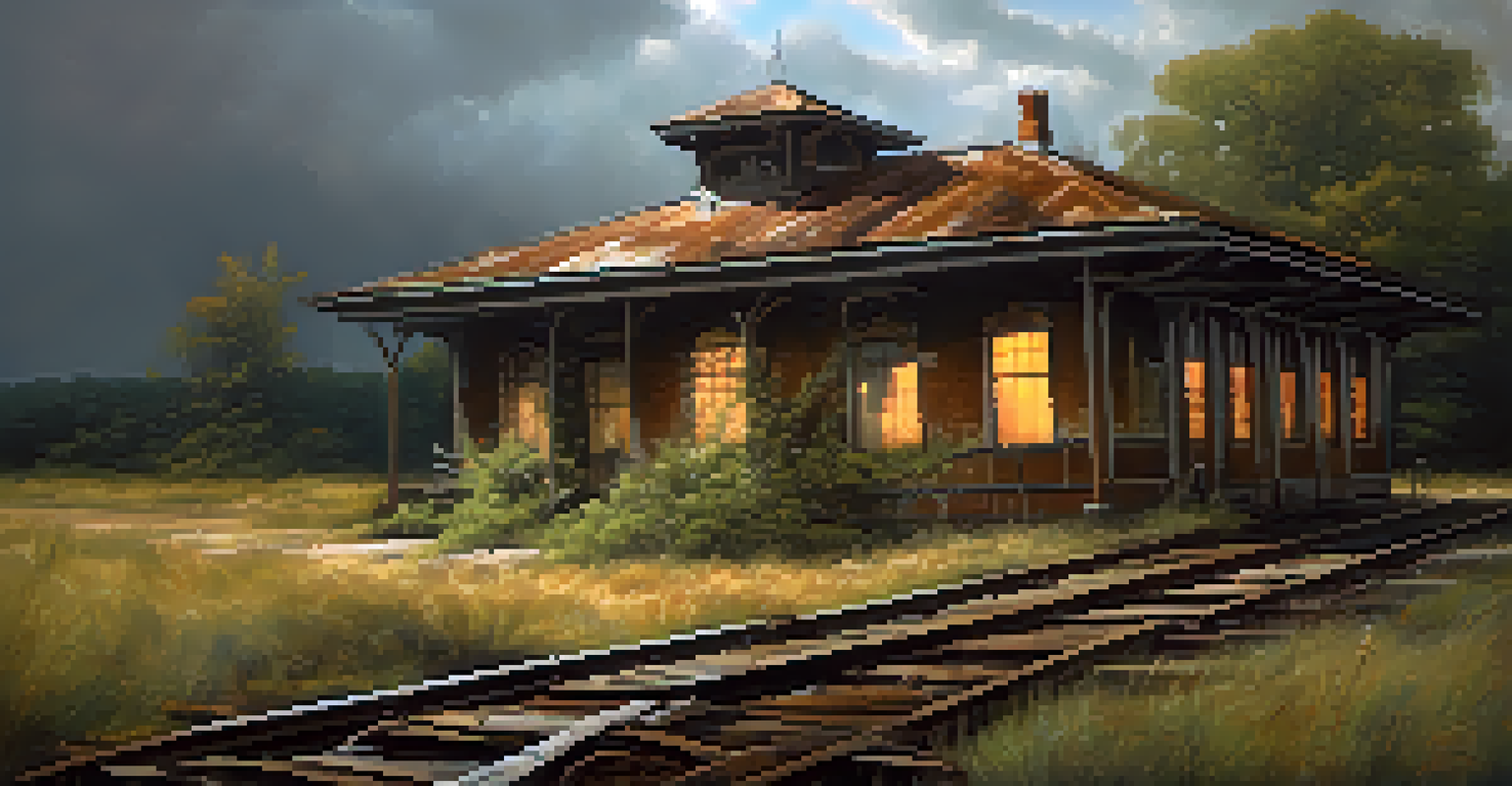 An abandoned railroad station with rusted tracks and a dilapidated building, surrounded by overgrown vegetation and dramatic lighting.