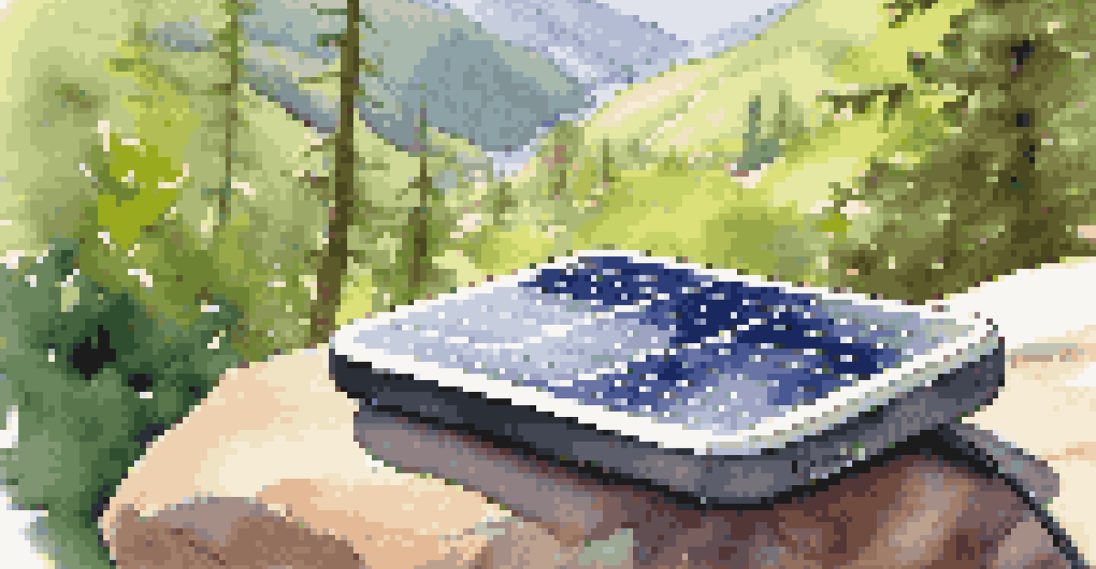 A solar charger charging a smartphone on a rock in an outdoor setting with greenery and sunlight.