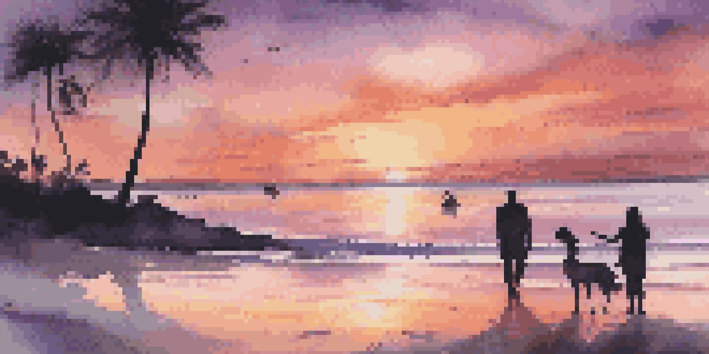 A sunset over a peaceful beach with colorful skies and silhouettes of palm trees.