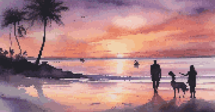 A sunset over a peaceful beach with colorful skies and silhouettes of palm trees.