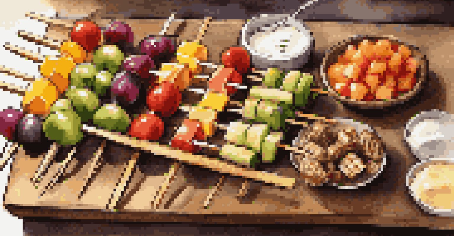 A wooden platter displaying colorful snack kabobs made of fruits, cheese, and veggies, with bowls of hummus and yogurt for dipping, set in a rustic kitchen.