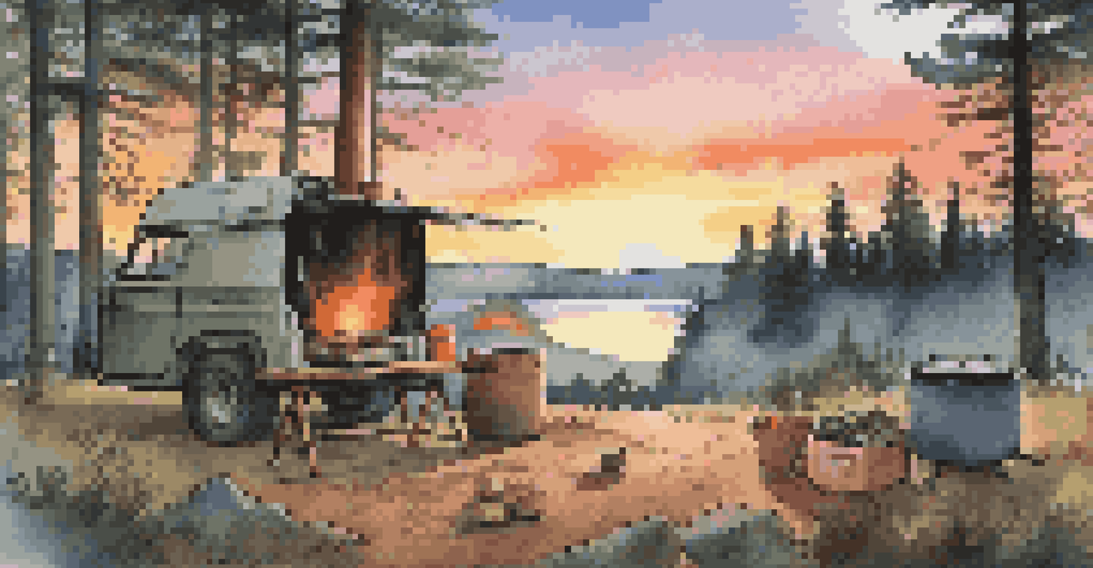 A camping cooking scene with a compact stove and fresh ingredients at sunset, emphasizing eco-friendly practices.