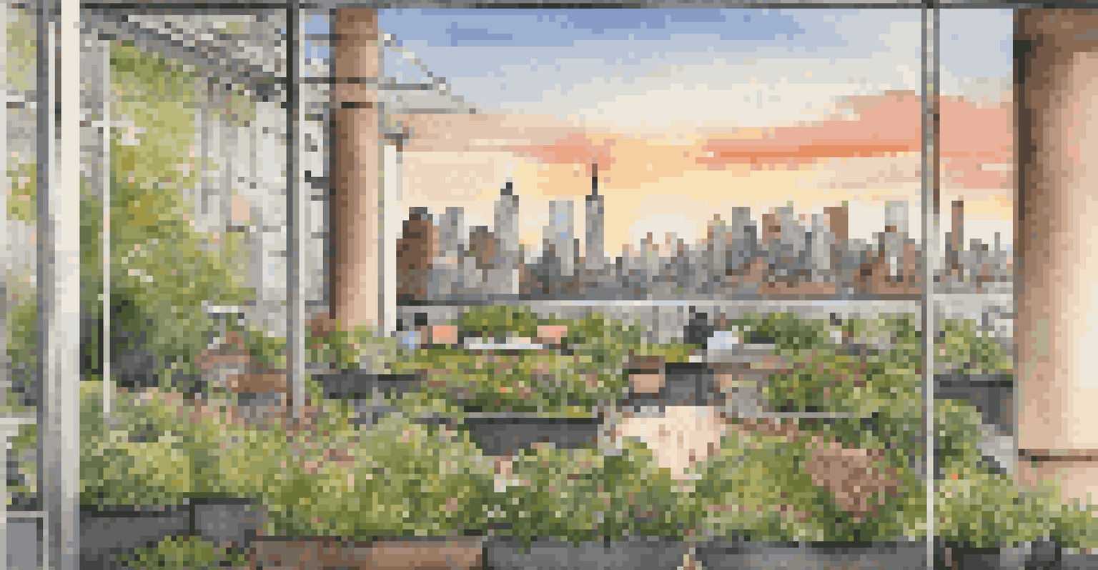 An eco-friendly hotel in New York City with a rooftop garden and skyline view at sunset.