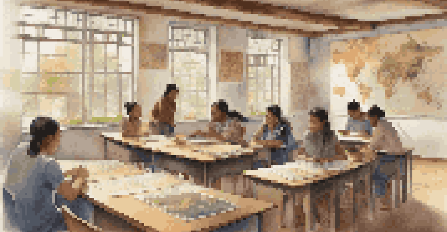 A diverse group of students in a classroom, engaging in discussions about cultural exchange, with maps and artifacts decorating the walls.