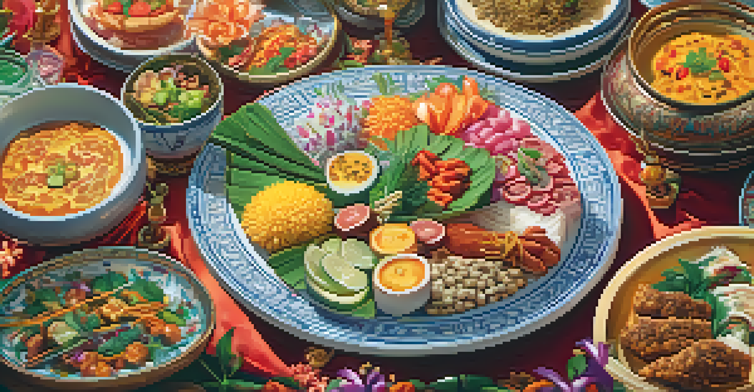 An artistic close-up of traditional festival food with colorful dishes and garnishes against a festive background.