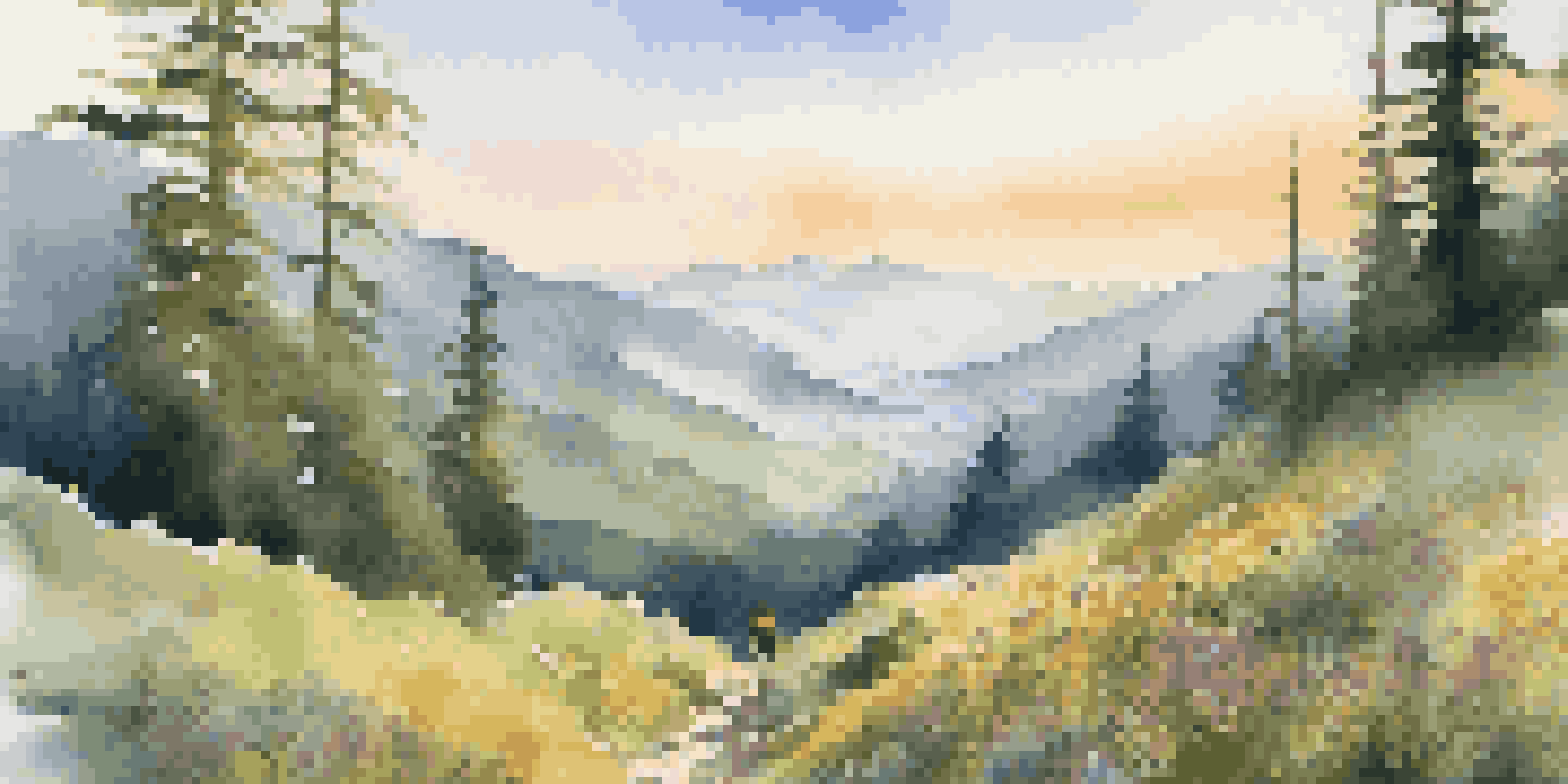 A peaceful mountain scene at dawn with a hiking trail, forests, wildflowers, and a lone hiker.