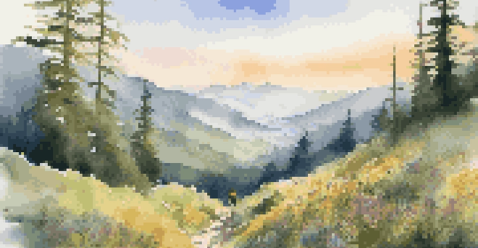 A peaceful mountain scene at dawn with a hiking trail, forests, wildflowers, and a lone hiker.