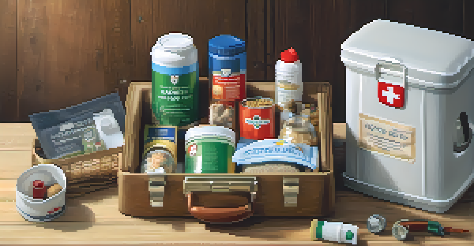 A pet emergency kit on a wooden table featuring pet food, a water bowl, a leash, and a first-aid kit, surrounded by comforting items.