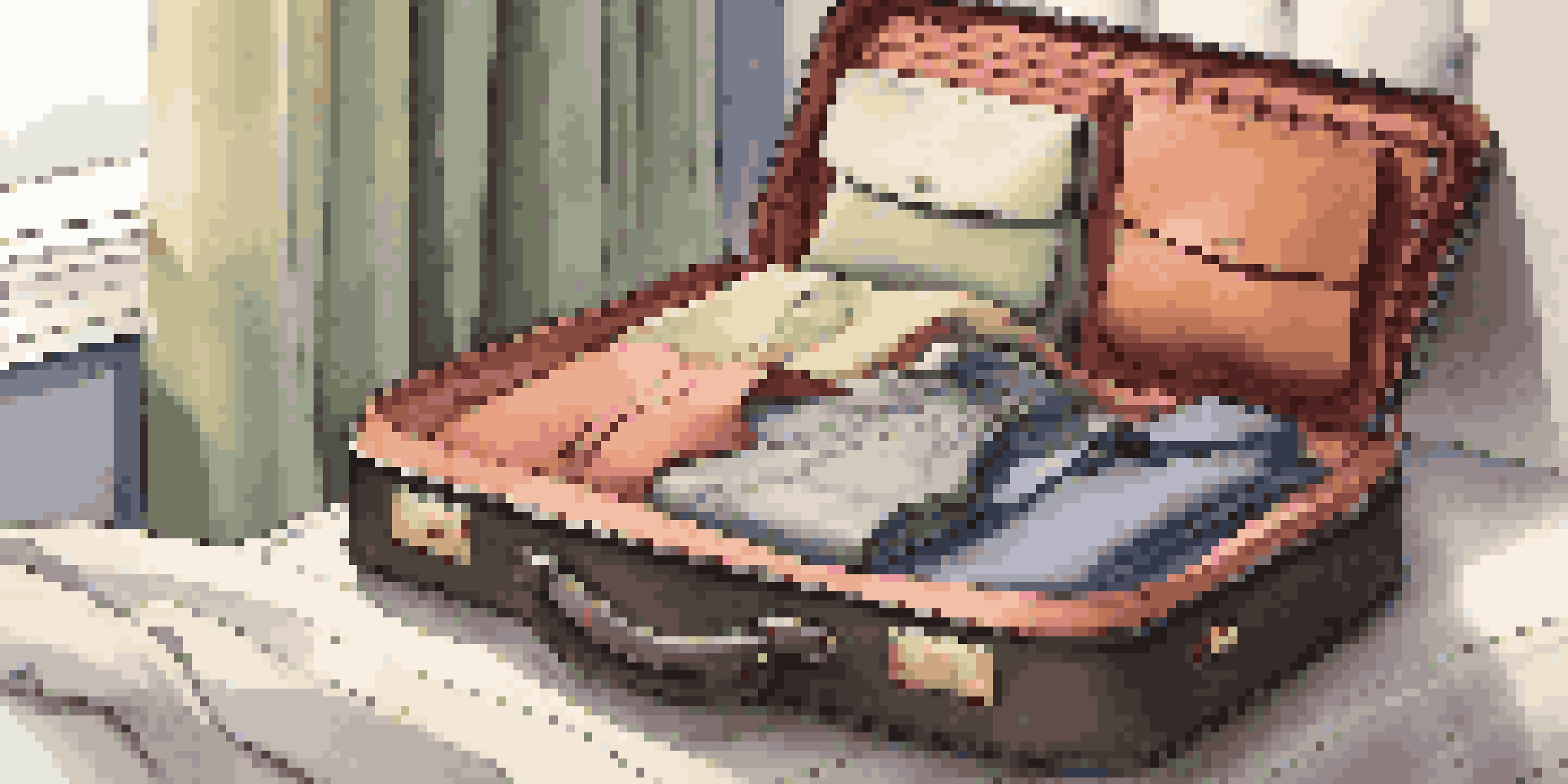 An open travel suitcase on a bed filled with neatly packed clothes and accessories, illuminated by soft natural light.