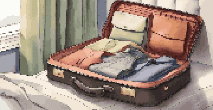 An open travel suitcase on a bed filled with neatly packed clothes and accessories, illuminated by soft natural light.