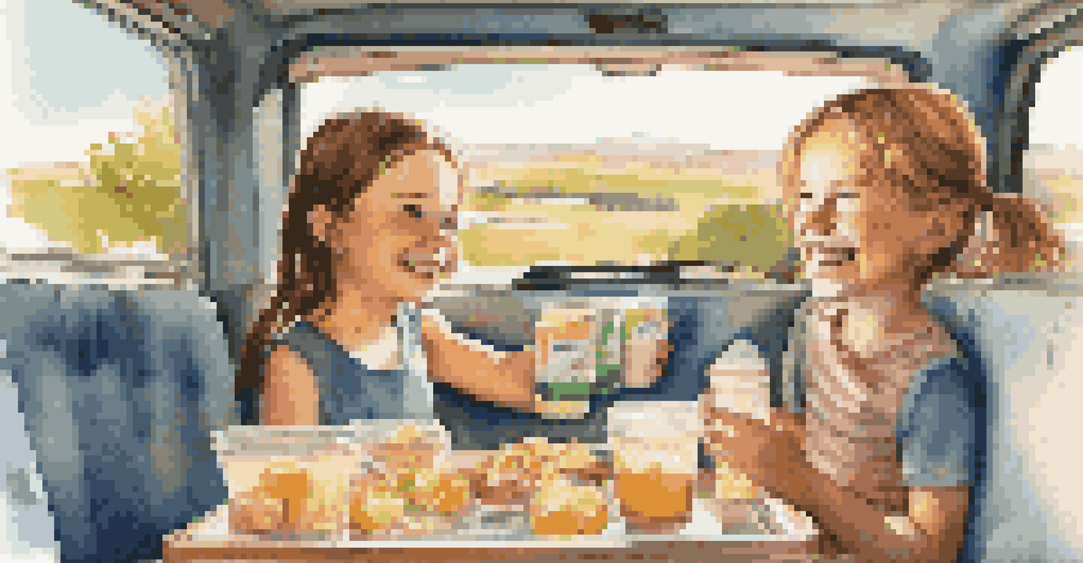 Children playing games in a car during a road trip, surrounded by scenic views and snacks.