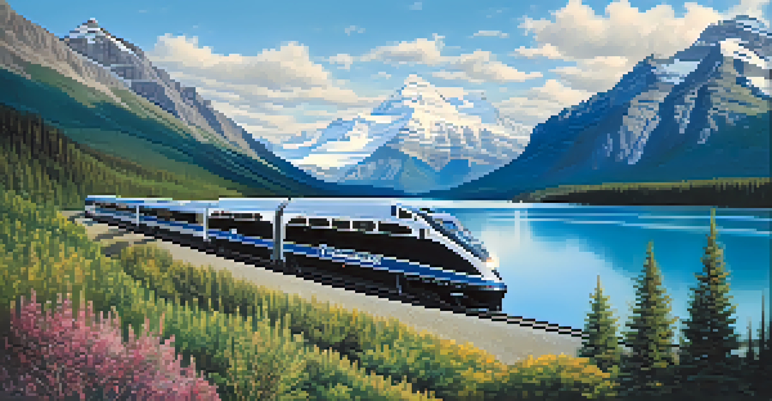 The Rocky Mountaineer train journeying through the Canadian Rockies, with mountains and lakes in the background and passengers inside enjoying the views.