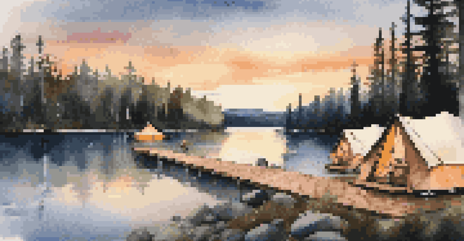 Luxury glamping tents in the Canadian wilderness, surrounded by pine trees and a lake, illuminated by string lights at dusk.