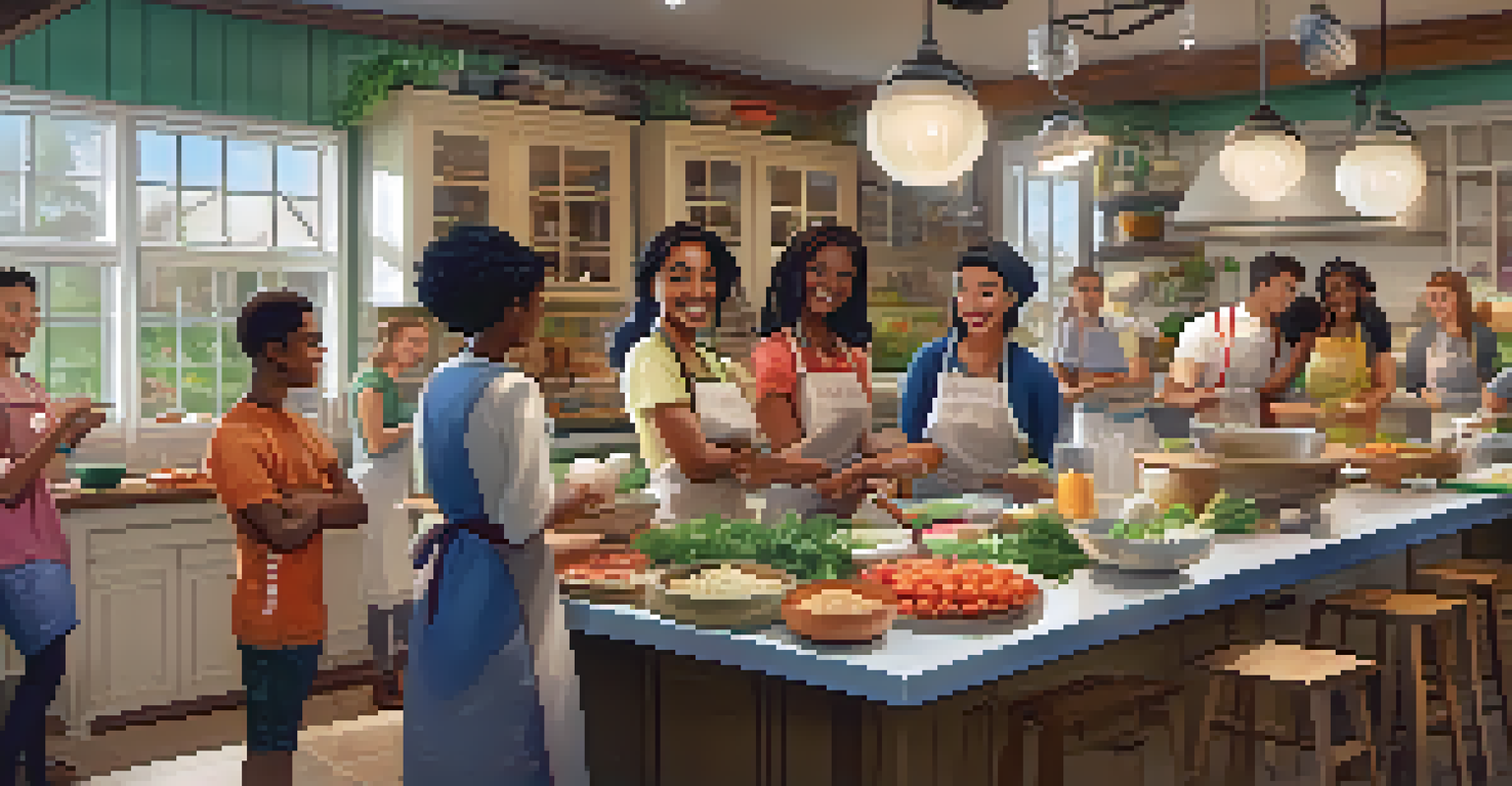A group of teens and adults in a cooking class, preparing traditional dishes together in a colorful kitchen filled with laughter.