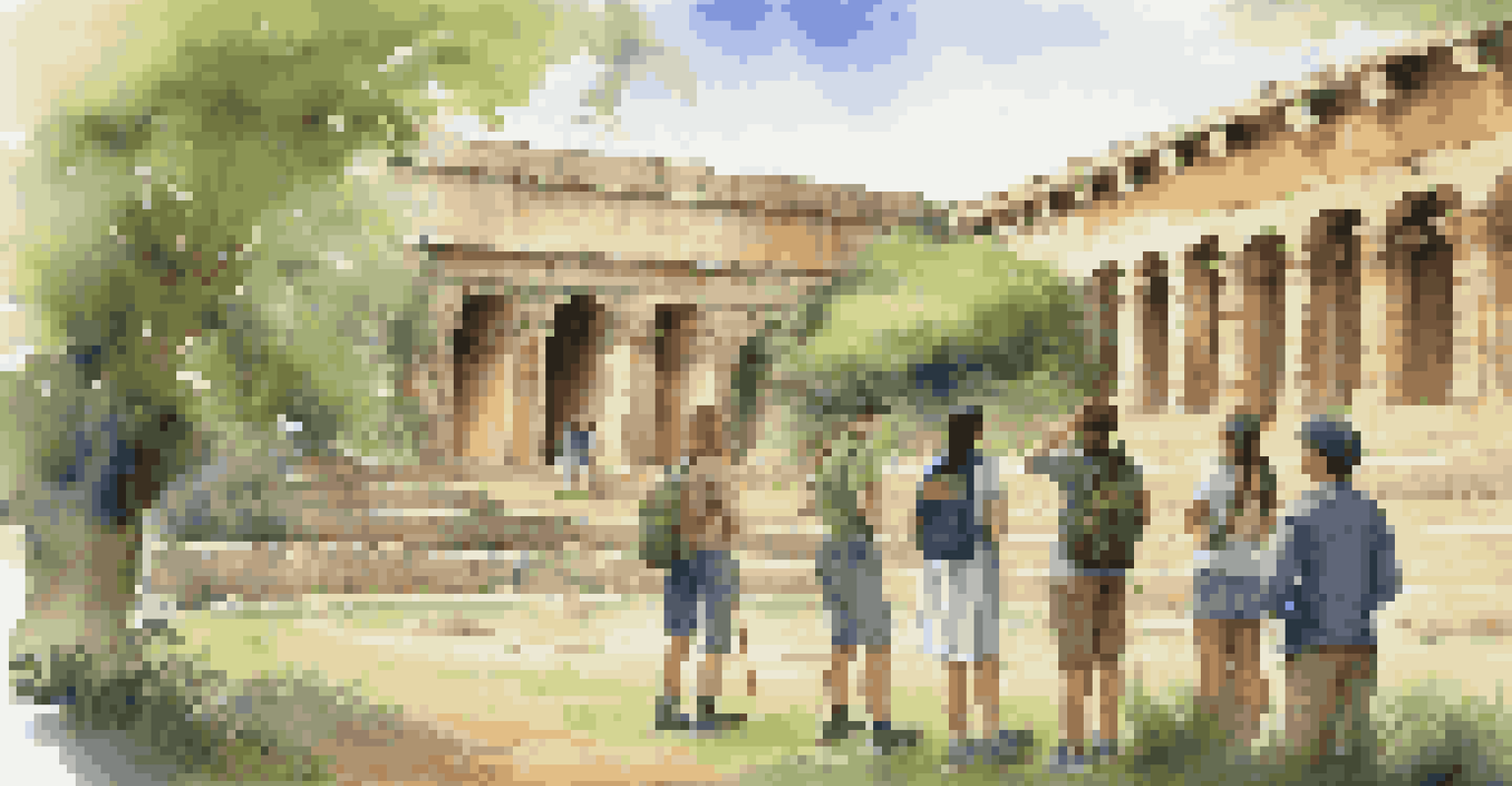 Students on an educational tour at a historical site, engaging with a guide amidst ancient ruins.